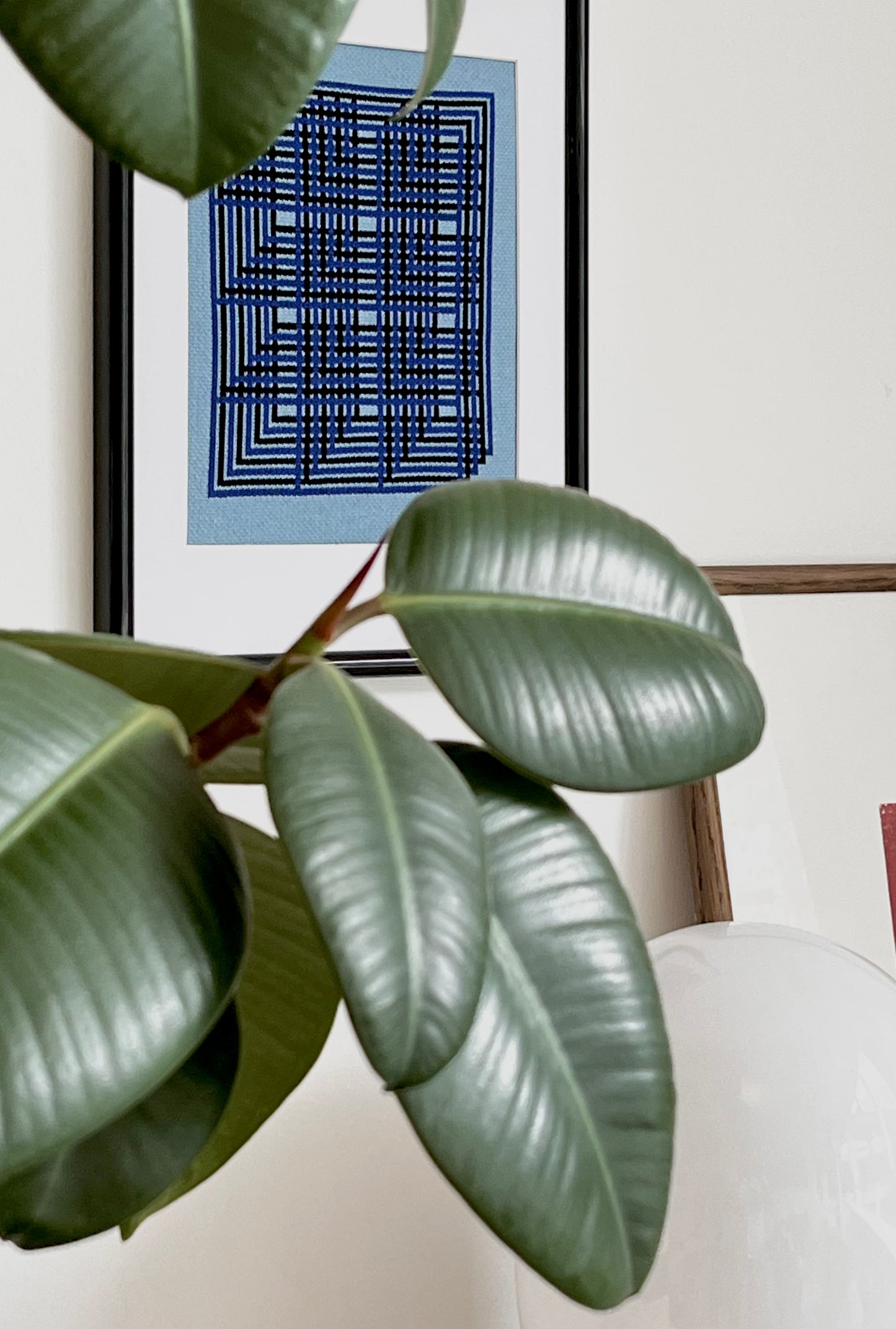 Fiddle leaf fig plant with abstract art in the background